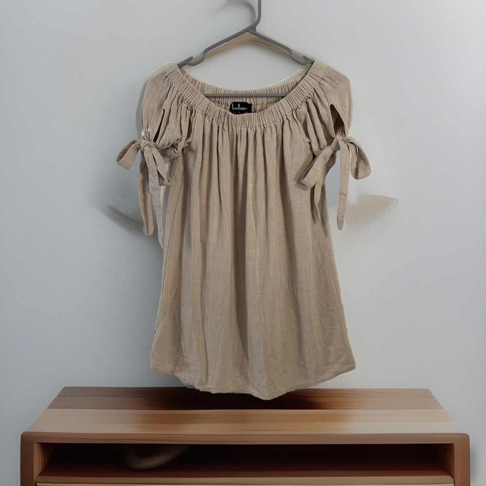 Lulus Al Fresco Evenings Beige Off The Shoulder Mini Dress Small Coquette Neural